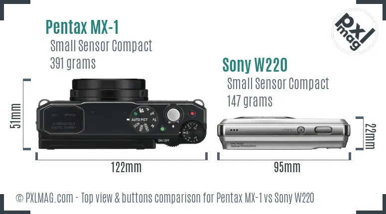 Pentax MX-1 vs Sony W220 top view buttons comparison