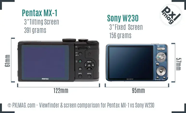 Pentax MX-1 vs Sony W230 Screen and Viewfinder comparison