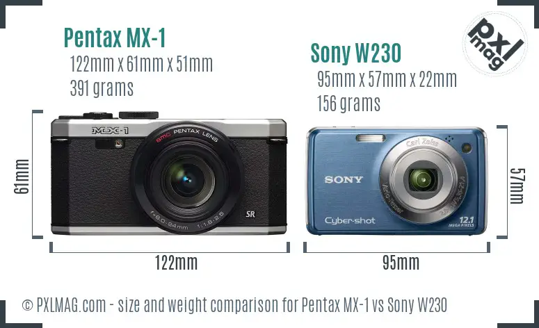 Pentax MX-1 vs Sony W230 size comparison