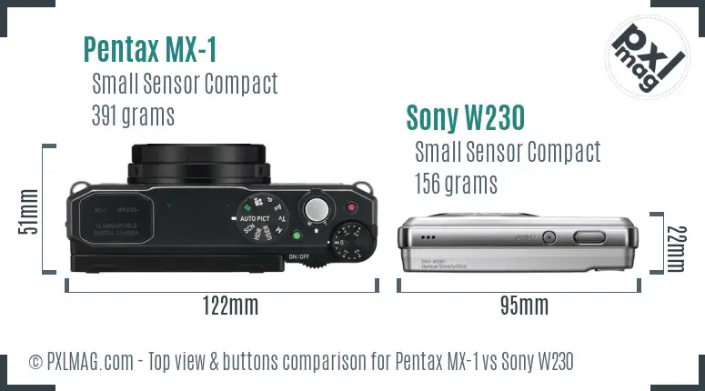 Pentax MX-1 vs Sony W230 top view buttons comparison