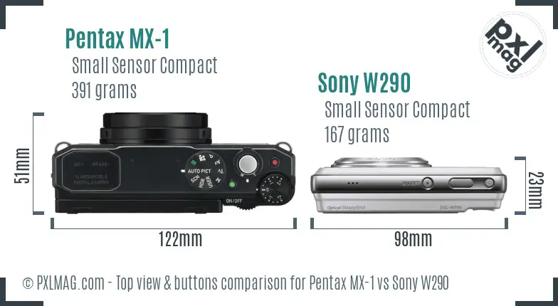 Pentax MX-1 vs Sony W290 top view buttons comparison