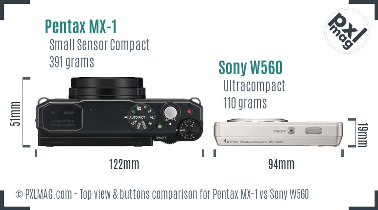 Pentax MX-1 vs Sony W560 top view buttons comparison