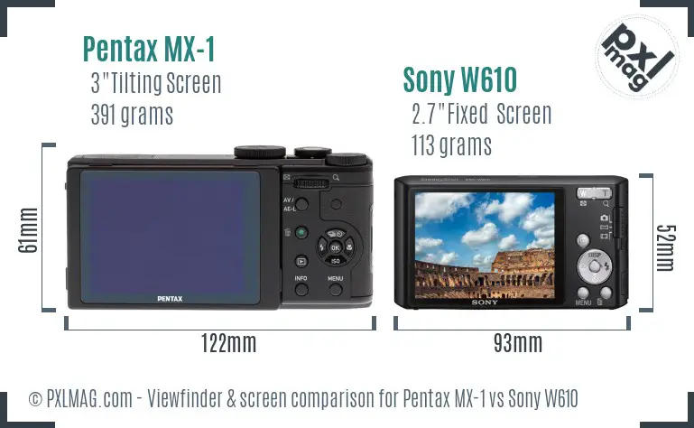 Pentax MX-1 vs Sony W610 Screen and Viewfinder comparison