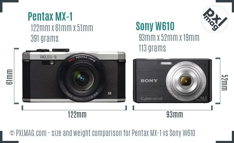 Pentax MX-1 vs Sony W610 size comparison
