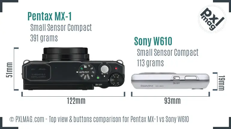 Pentax MX-1 vs Sony W610 top view buttons comparison