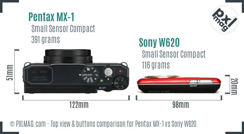 Pentax MX-1 vs Sony W620 top view buttons comparison