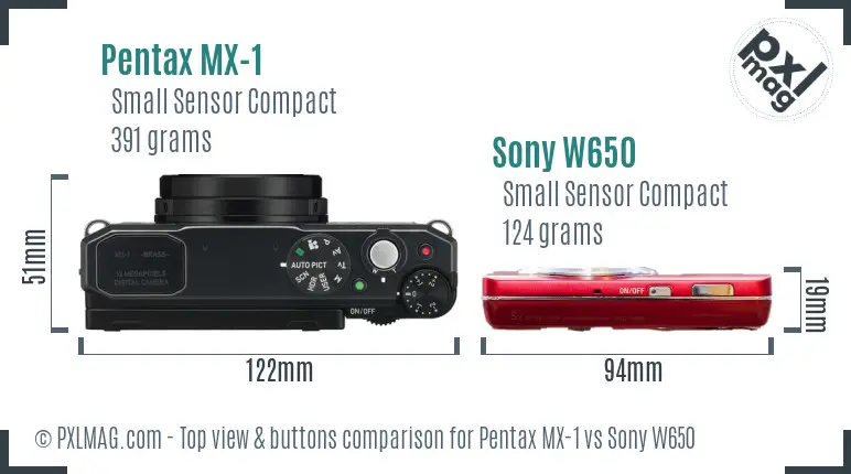 Pentax MX-1 vs Sony W650 top view buttons comparison