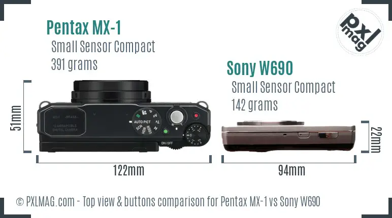 Pentax MX-1 vs Sony W690 top view buttons comparison