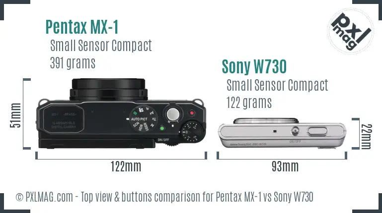 Pentax MX-1 vs Sony W730 top view buttons comparison