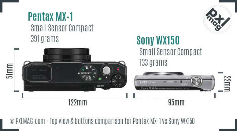 Pentax MX-1 vs Sony WX150 top view buttons comparison