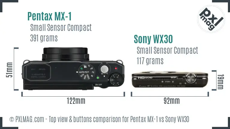 Pentax MX-1 vs Sony WX30 top view buttons comparison
