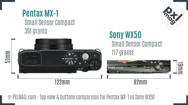 Pentax MX-1 vs Sony WX50 top view buttons comparison