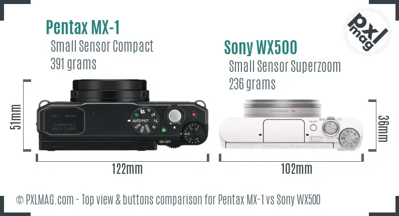 Pentax MX-1 vs Sony WX500 top view buttons comparison