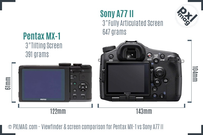 Pentax MX-1 vs Sony A77 II Screen and Viewfinder comparison