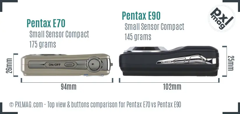 Pentax E70 vs Pentax E90 top view buttons comparison