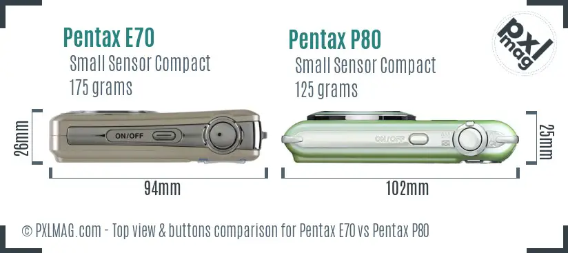 Pentax E70 vs Pentax P80 top view buttons comparison