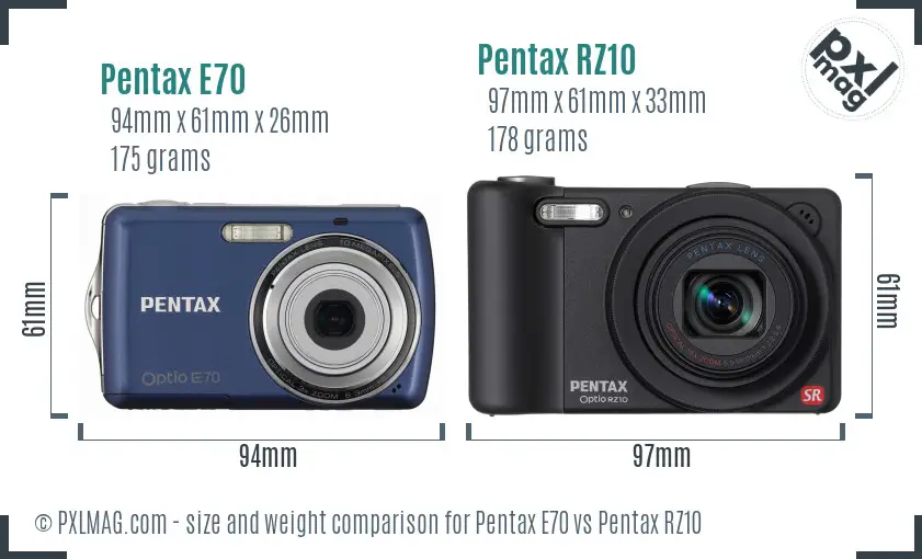 Pentax E70 vs Pentax RZ10 size comparison