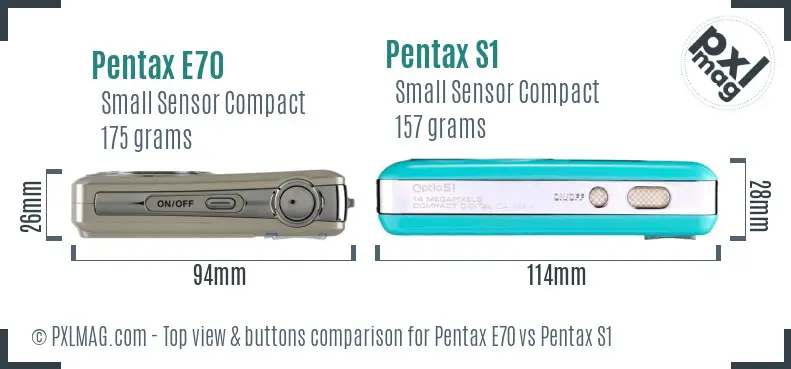 Pentax E70 vs Pentax S1 top view buttons comparison