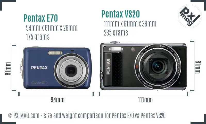 Pentax E70 vs Pentax VS20 size comparison