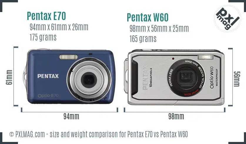 Pentax E70 vs Pentax W60 size comparison
