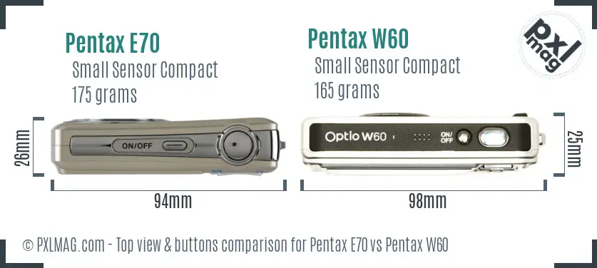 Pentax E70 vs Pentax W60 top view buttons comparison