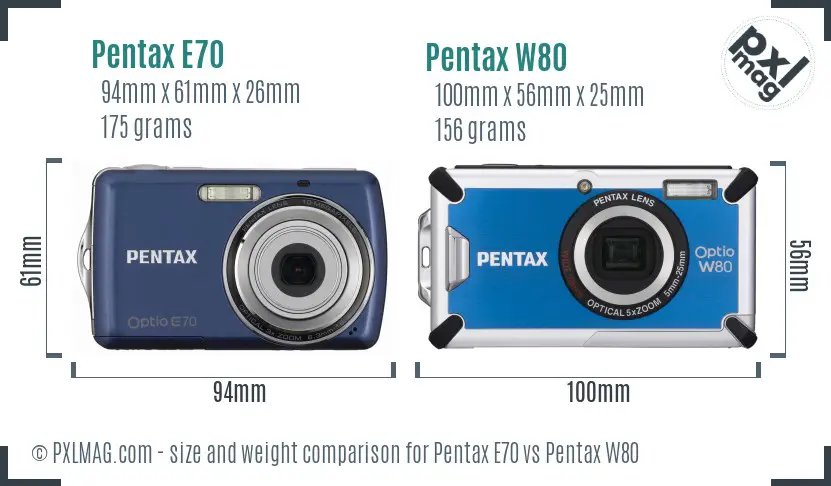 Pentax E70 vs Pentax W80 size comparison