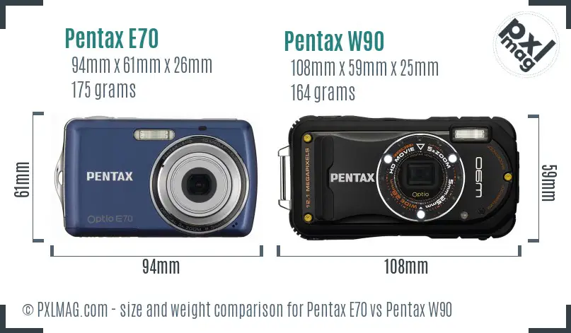 Pentax E70 vs Pentax W90 size comparison