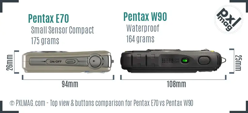 Pentax E70 vs Pentax W90 top view buttons comparison