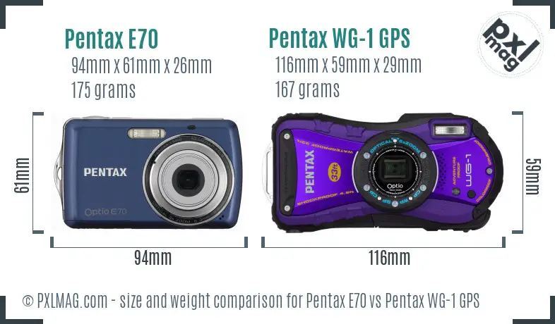 Pentax E70 vs Pentax WG-1 GPS size comparison
