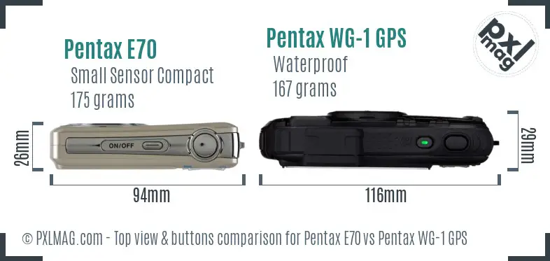 Pentax E70 vs Pentax WG-1 GPS top view buttons comparison