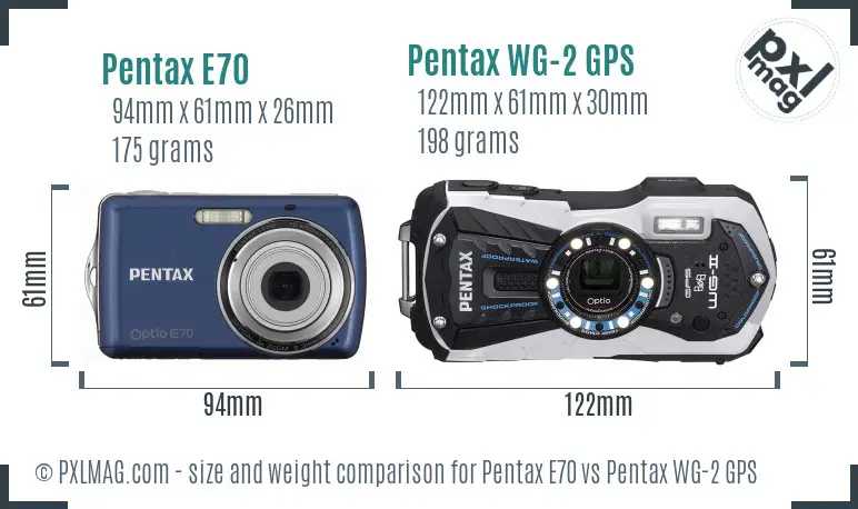 Pentax E70 vs Pentax WG-2 GPS size comparison