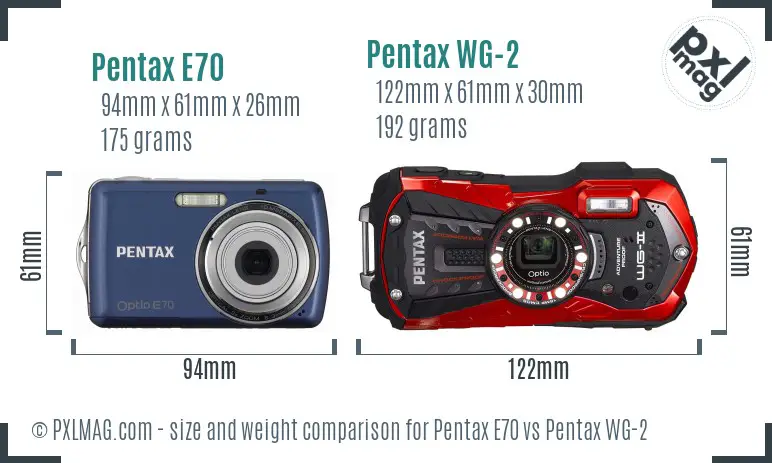 Pentax E70 vs Pentax WG-2 size comparison