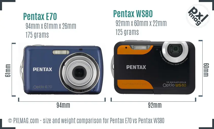 Pentax E70 vs Pentax WS80 size comparison