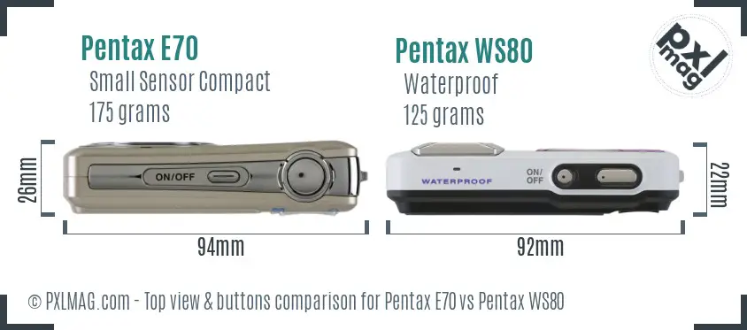 Pentax E70 vs Pentax WS80 top view buttons comparison