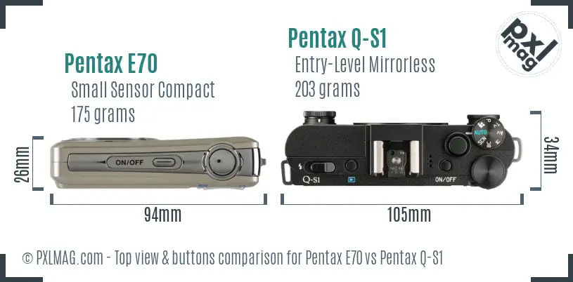 Pentax E70 vs Pentax Q-S1 top view buttons comparison