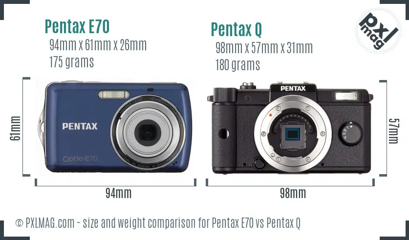 Pentax E70 vs Pentax Q size comparison