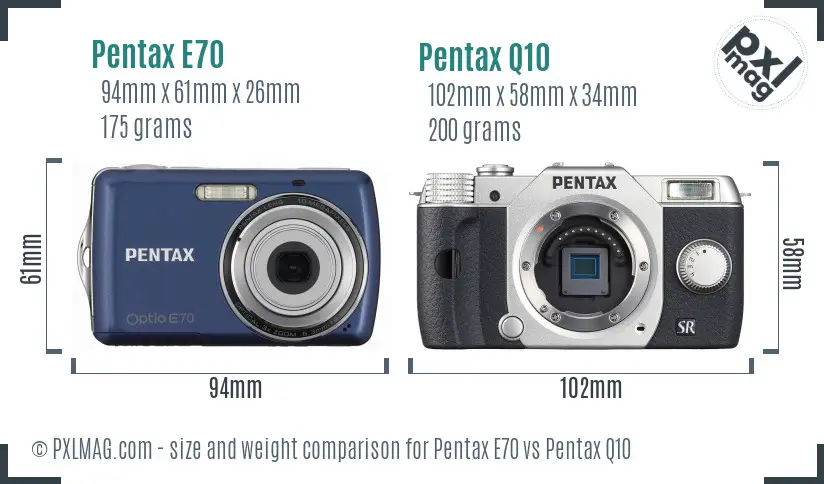Pentax E70 vs Pentax Q10 size comparison