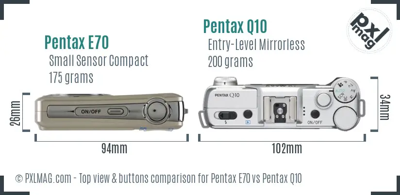 Pentax E70 vs Pentax Q10 top view buttons comparison