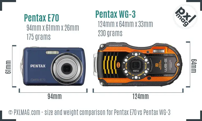 Pentax E70 vs Pentax WG-3 size comparison