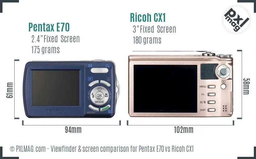 Pentax E70 vs Ricoh CX1 Screen and Viewfinder comparison
