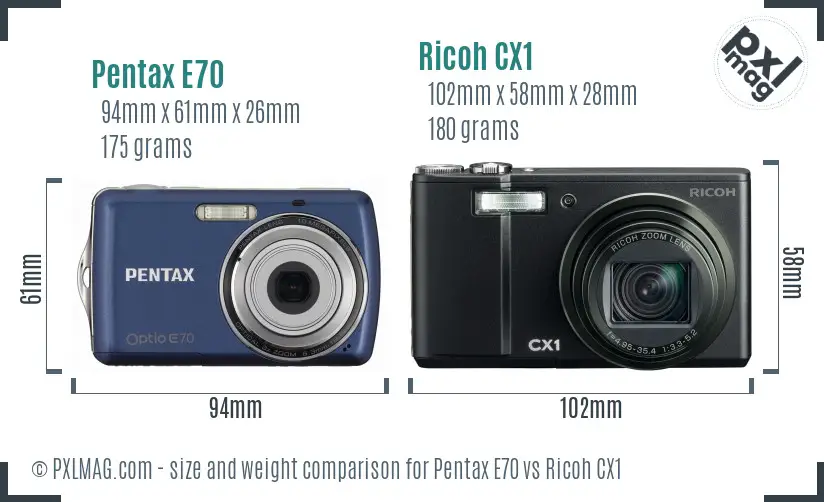 Pentax E70 vs Ricoh CX1 size comparison