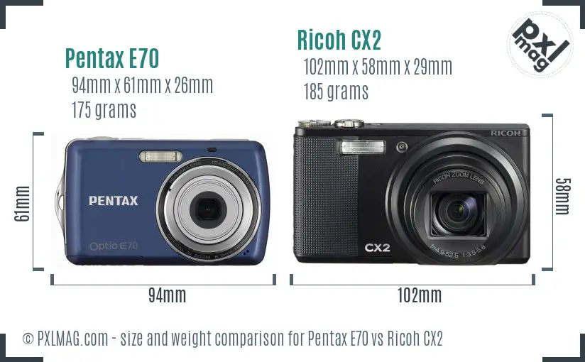 Pentax E70 vs Ricoh CX2 size comparison