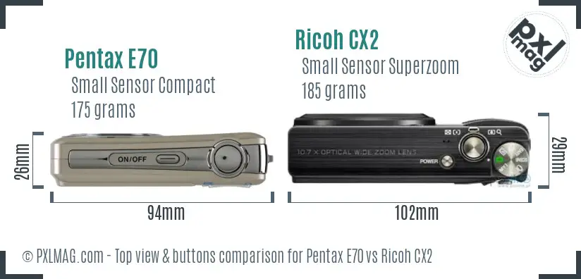 Pentax E70 vs Ricoh CX2 top view buttons comparison
