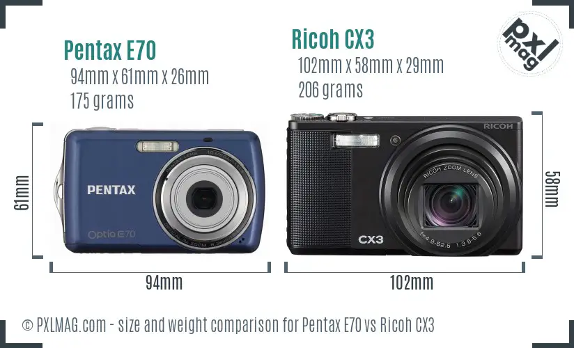 Pentax E70 vs Ricoh CX3 size comparison Pentax E70 vs Ricoh CX3 size comparison