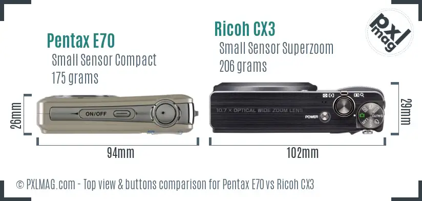 Pentax E70 vs Ricoh CX3 top view buttons comparison
