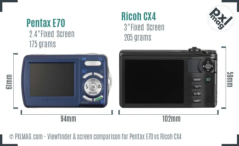 Pentax E70 vs Ricoh CX4 Screen and Viewfinder comparison