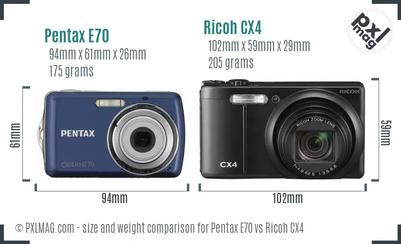 Pentax E70 vs Ricoh CX4 size comparison