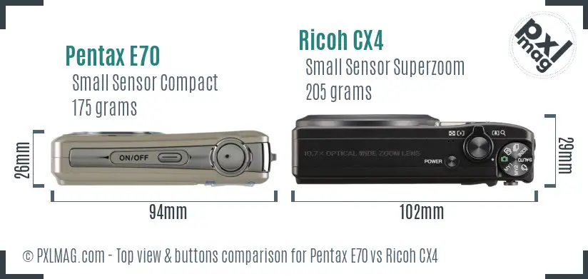 Pentax E70 vs Ricoh CX4 top view buttons comparison