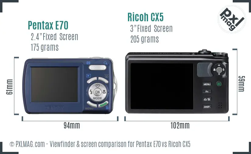 Pentax E70 vs Ricoh CX5 Screen and Viewfinder comparison