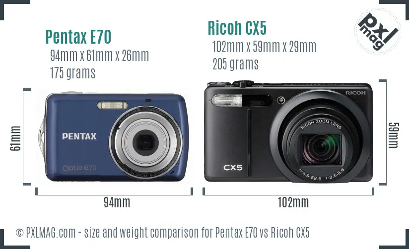 Pentax E70 vs Ricoh CX5 size comparison